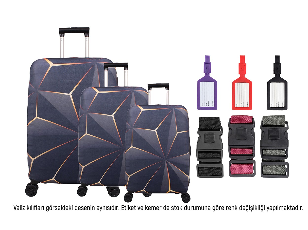 Bagacar Kristal 3lü Set Valiz Kılıfı, 3 lü Valiz Kemeri, 3lü Valiz Etiketi