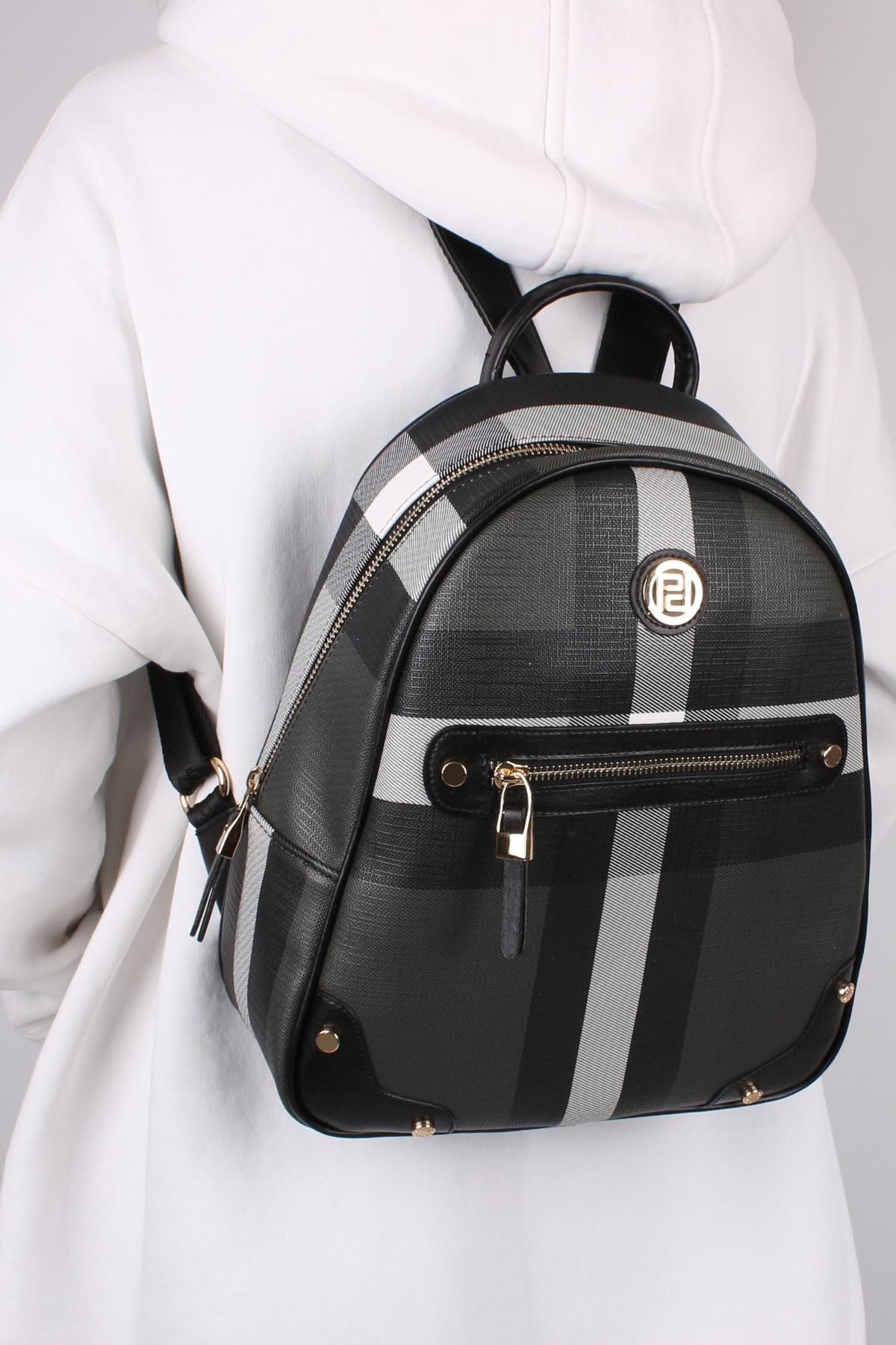 Bagacar 1063 Ekose Siyah Siyah Bayan Suni Deri Sırt Çantası