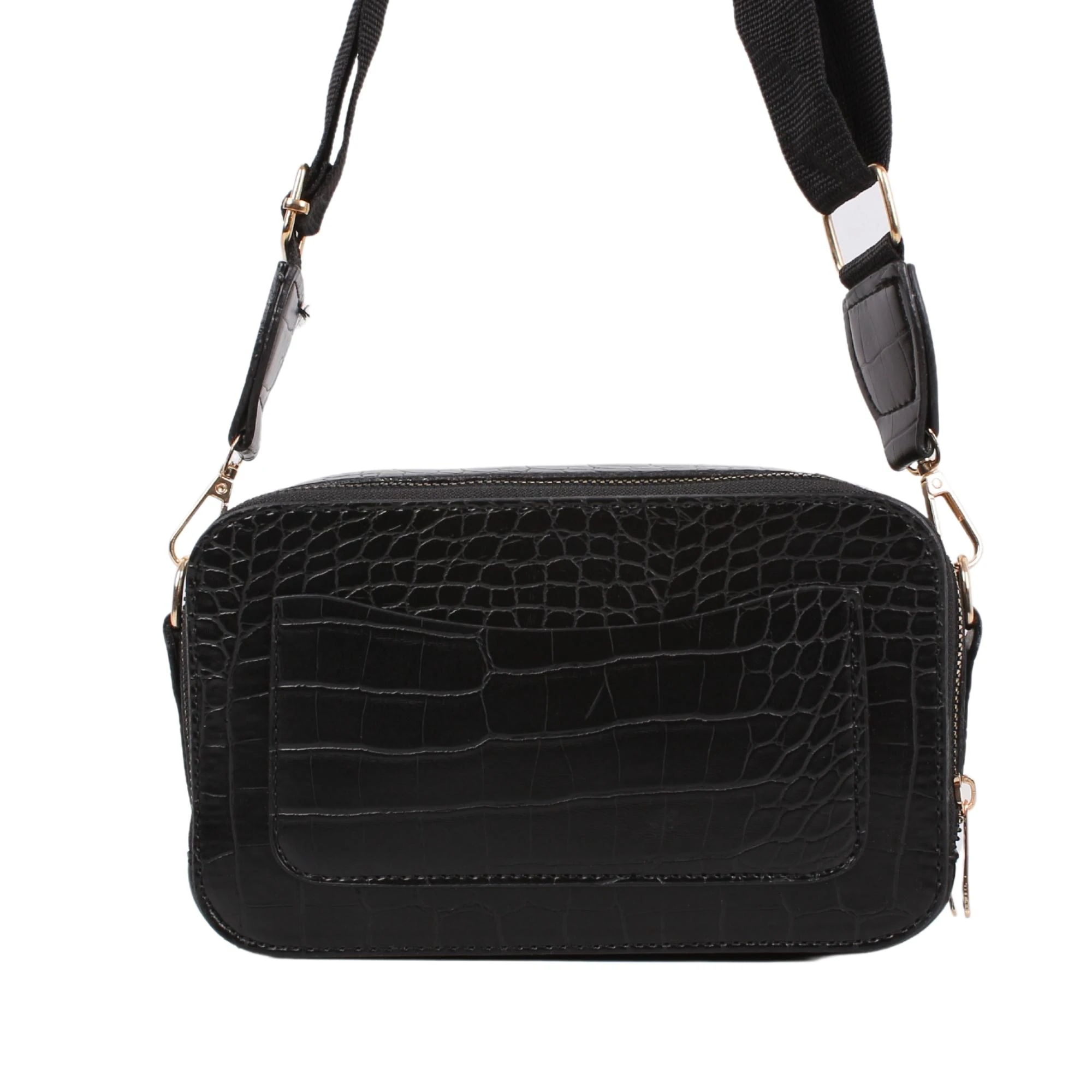 Bagacar TNV3 Kroko Siyah 2 Gözlü Kutu Çapraz Bayan Çantası