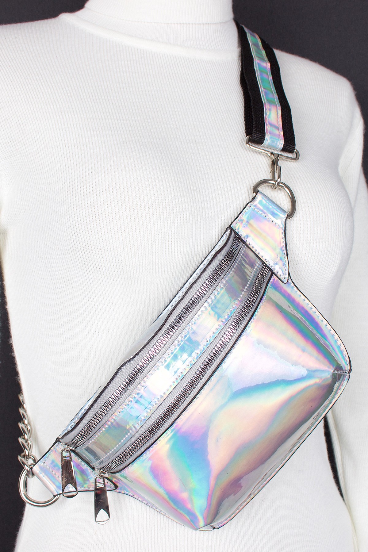 Bagacar Fashion Tulum Gögüs Bel Çantası Beyaz Hologram