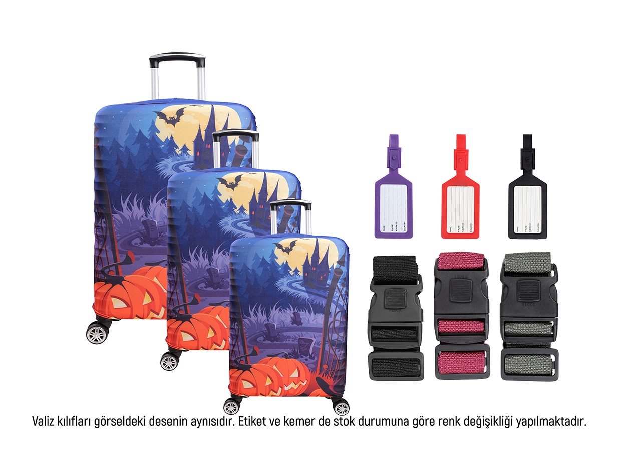 Bagacar Balkabağı 3lü Set Valiz Kılıfı, 3 lü Valiz Kemeri, 3lü Valiz Etiketi