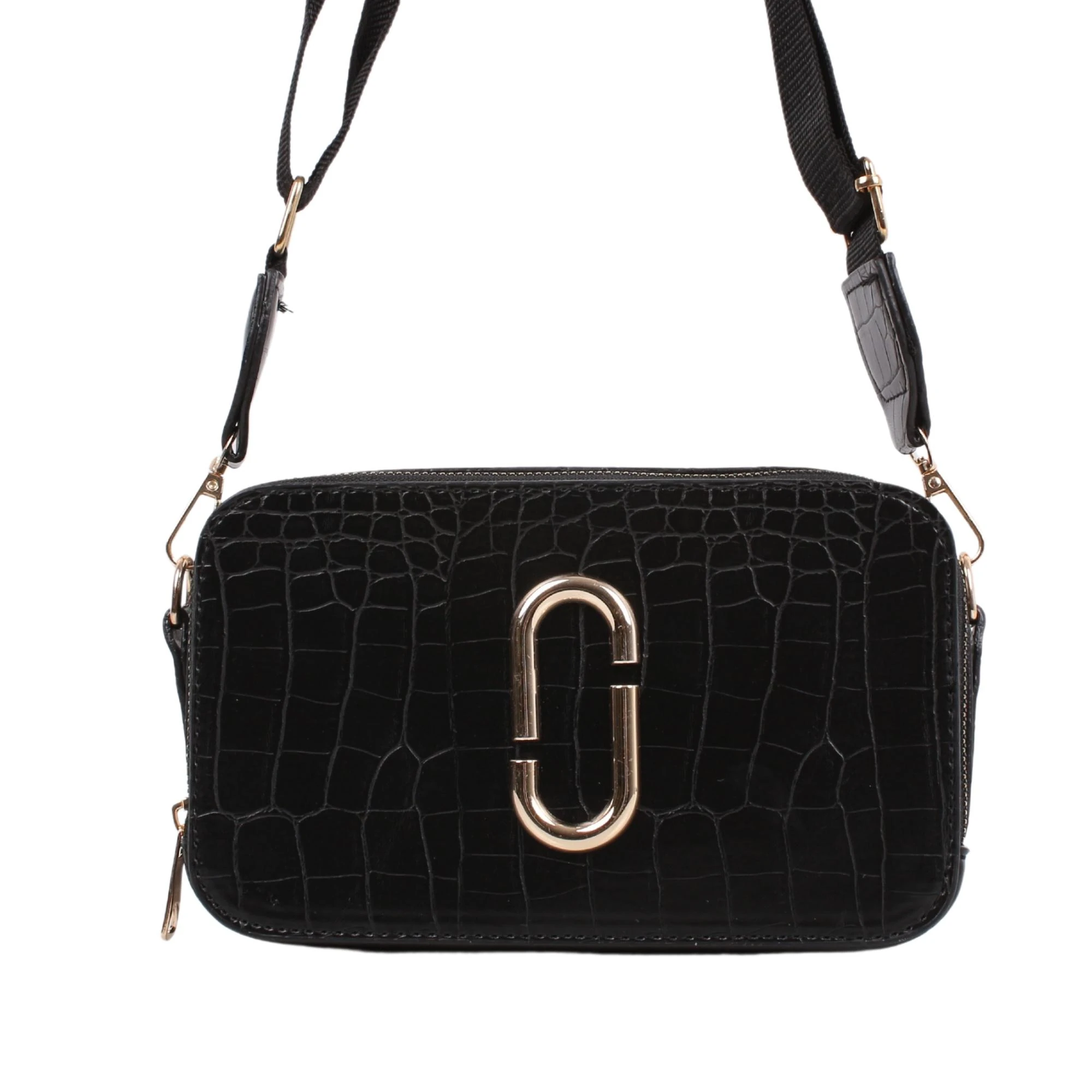 Bagacar TNV3 Kroko Siyah 2 Gözlü Kutu Çapraz Bayan Çantası