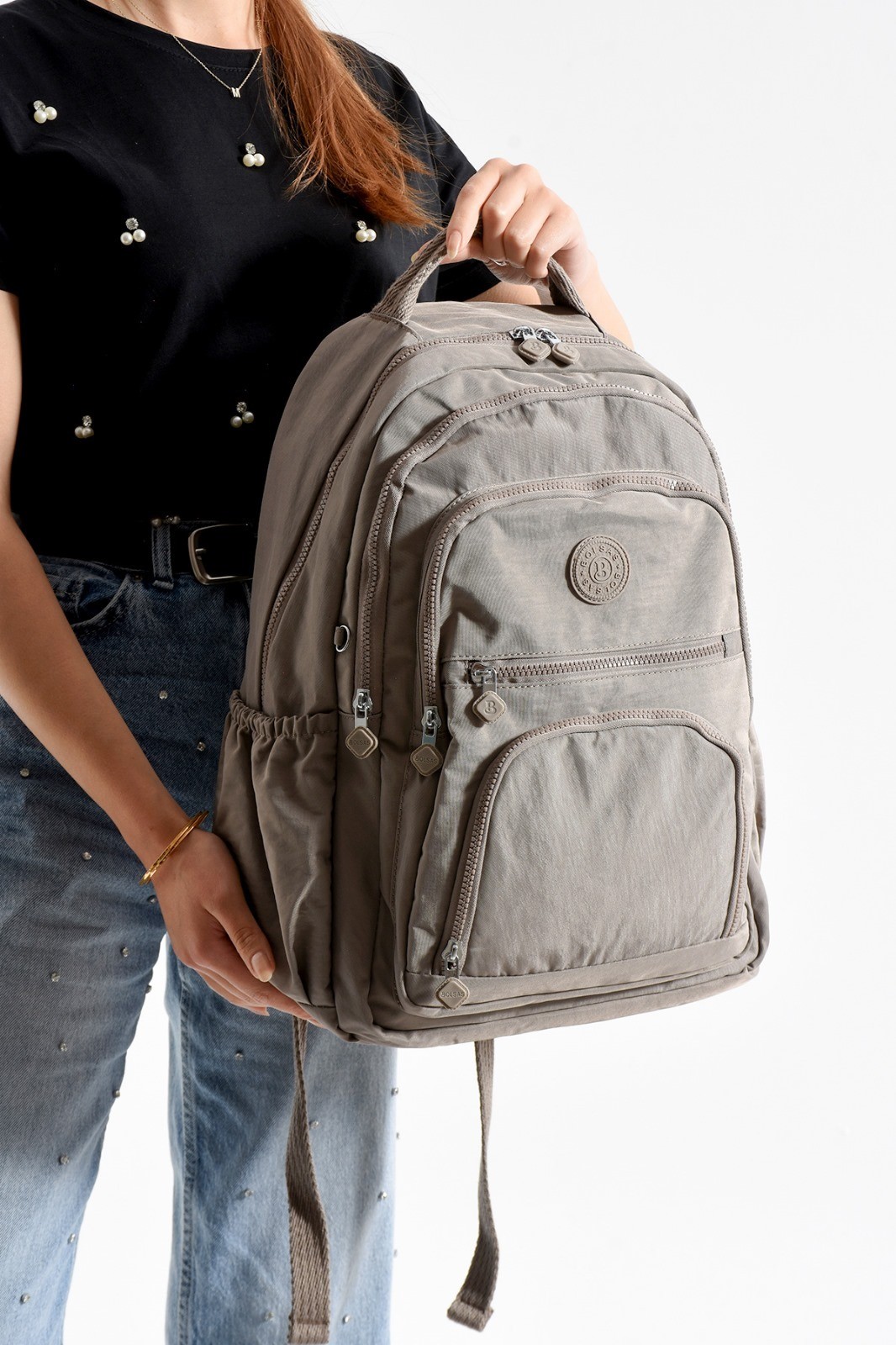 Bagacar Bolsas 1087 Su Geçirmez İthal Krinkıl Kumaş Laptop Bölmeli Okul ve Günlük Sırt Çantası Vizon