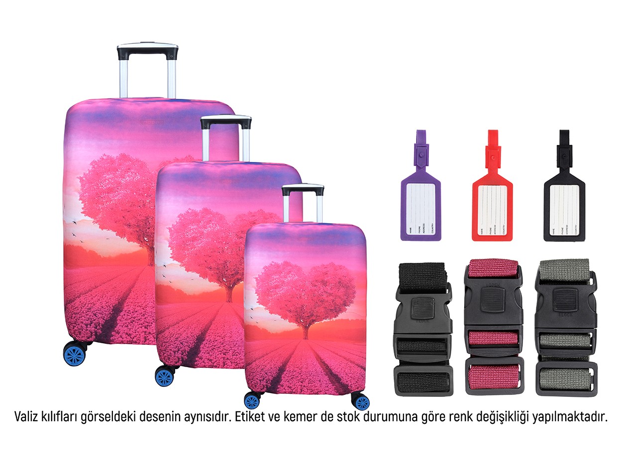 Bagacar Kalp 3lü Set Valiz Kılıfı, 3 lü Valiz Kemeri, 3lü Valiz Etiketi