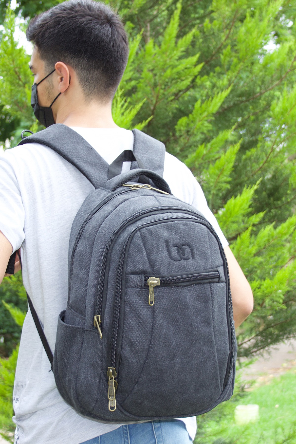 Bagacar Siyah Kanvas Kumaş Laptop Bölmeli Günlük Sırt Çantası