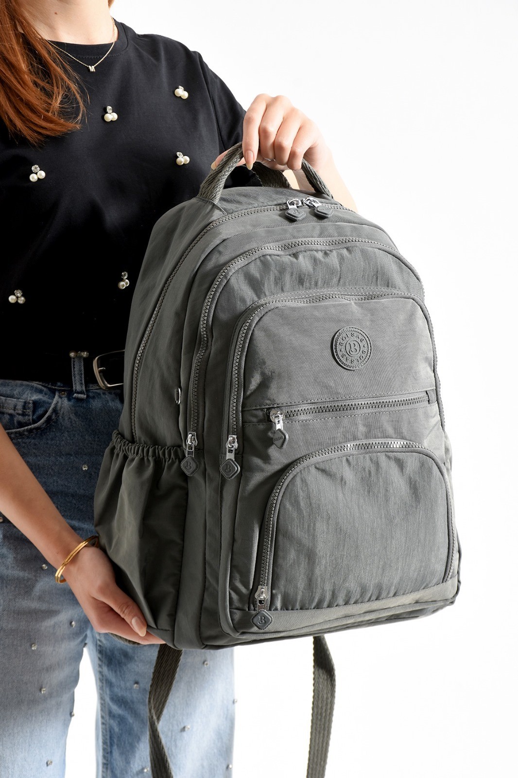 Bagacar Bolsas 1087 Su Geçirmez İthal Krinkıl Kumaş Laptop Bölmeli Okul ve Günlük Sırt Çantası Gri