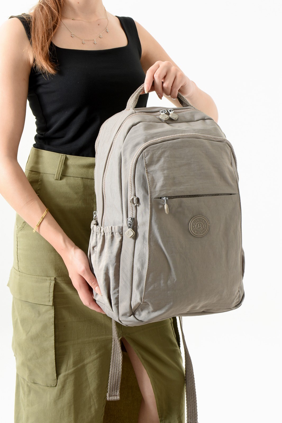 Bagacar Bolsas 1092 Su Geçirmez İthal Krinkıl Kumaş Laptop Bölmeli Okul ve Günlük Sırt Çantası Vizon