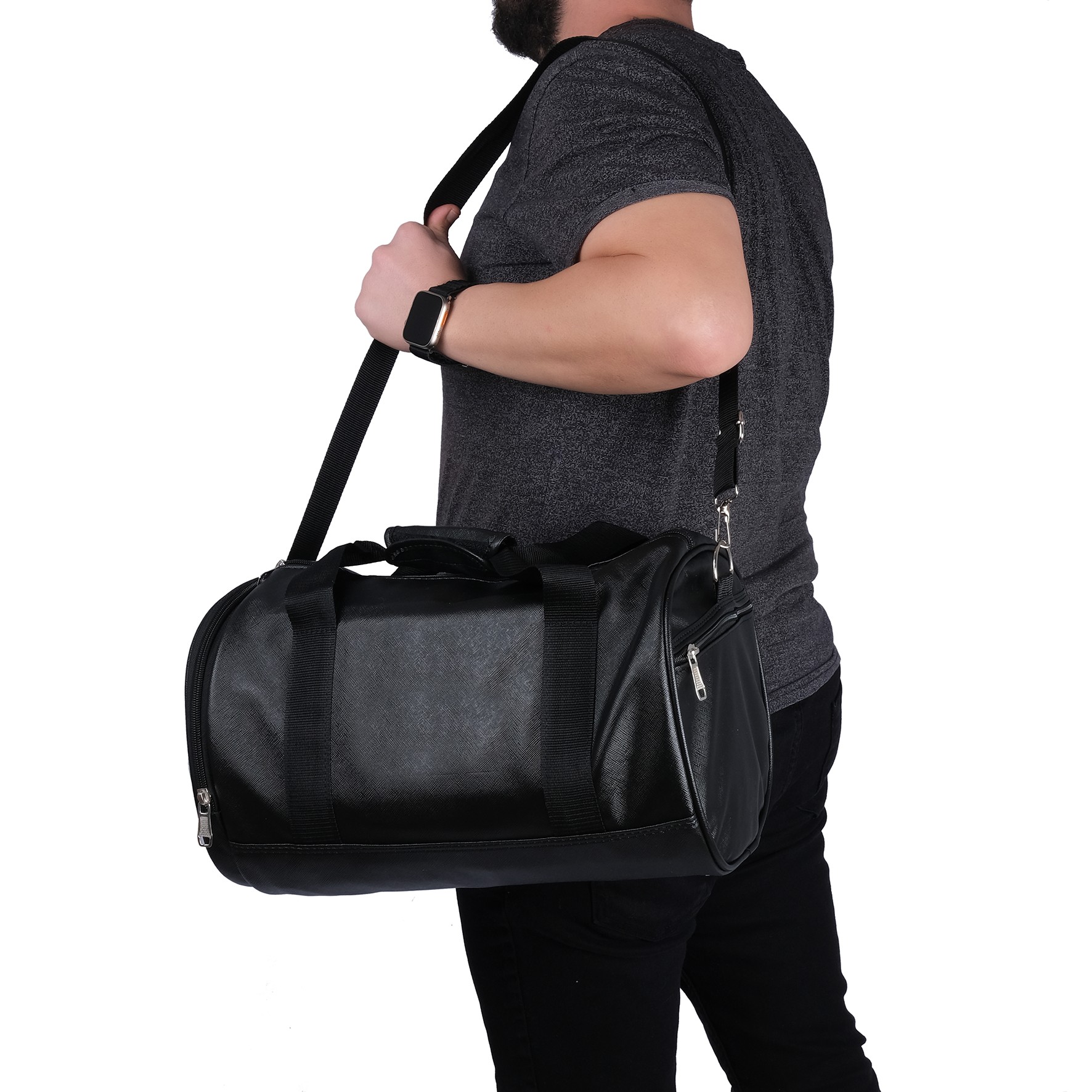 Bagacar Unisex Suni Deri Seyahat ve Spor Çantası Siyah