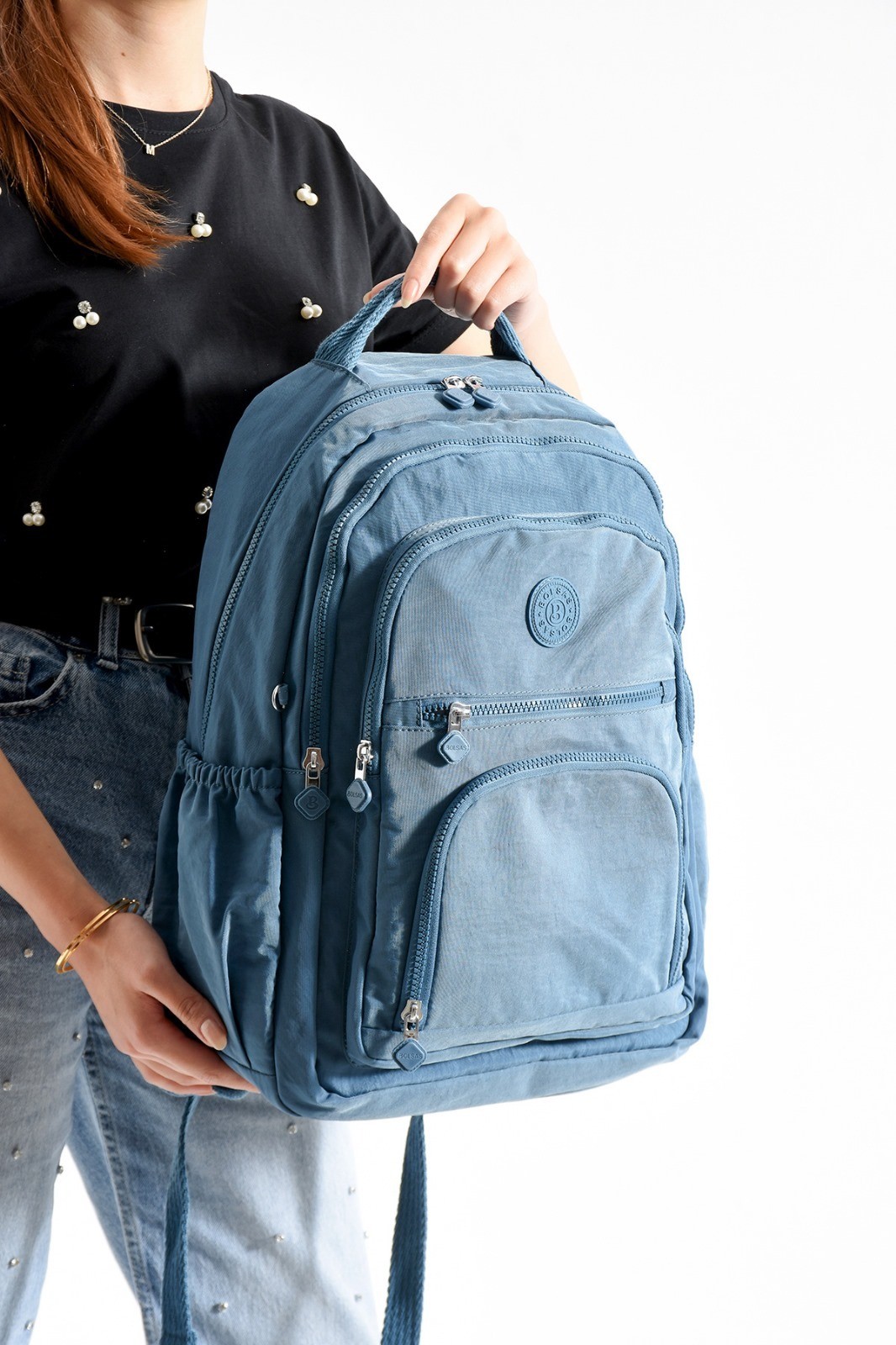 Bagacar Bolsas 1087 Su Geçirmez İthal Krinkıl Kumaş Laptop Bölmeli Okul ve Günlük Sırt Çantası Mavi