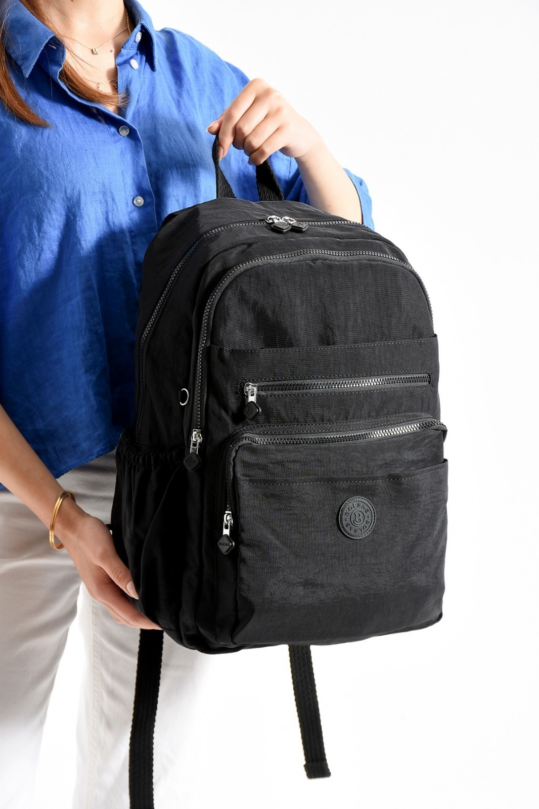 Bagacar Bolsas 1095 Su Geçirmez İthal Krinkıl Kumaş Laptop Bölmeli Okul ve Günlük Sırt Çantası Siyah