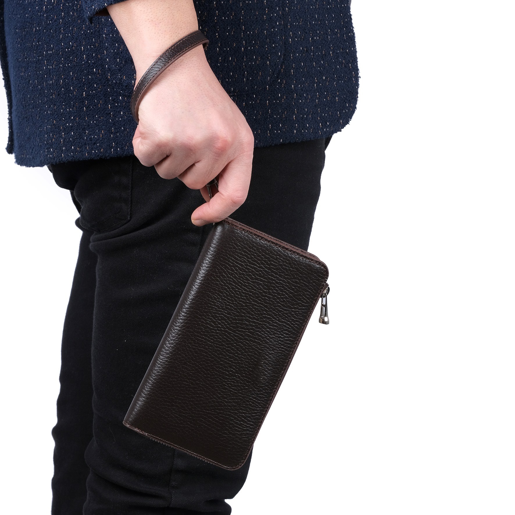 Bagacar Hakiki Deri Telefon Bölmeli Tutma Saplı El Portföy Çantası Kahve