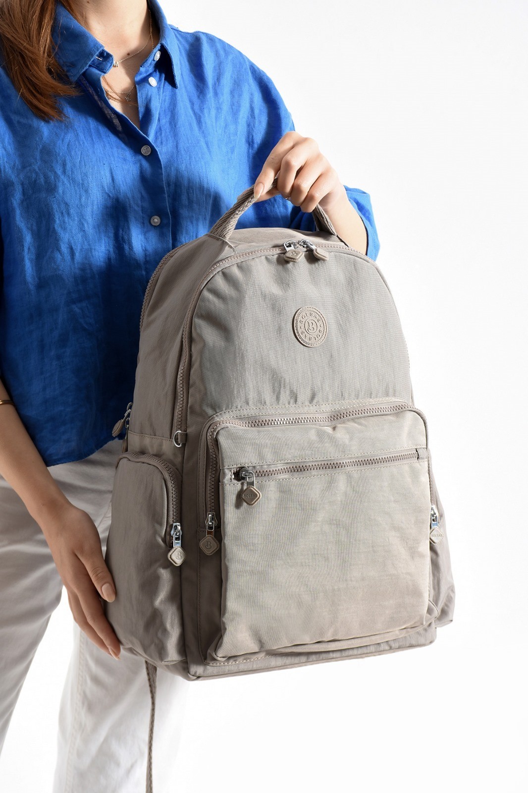 Bagacar Bolsas 1094 Su Geçirmez İthal Krinkıl Kumaş Laptop Bölmeli Okul ve Günlük Sırt Çantası Vizon