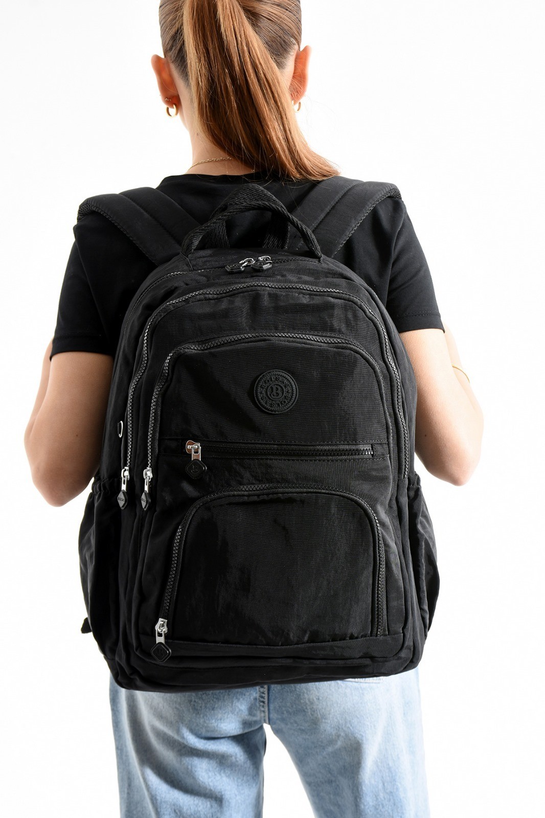Bagacar Bolsas 1087 Su Geçirmez İthal Krinkıl Kumaş Laptop Bölmeli Okul ve Günlük Sırt Çantası Siyah