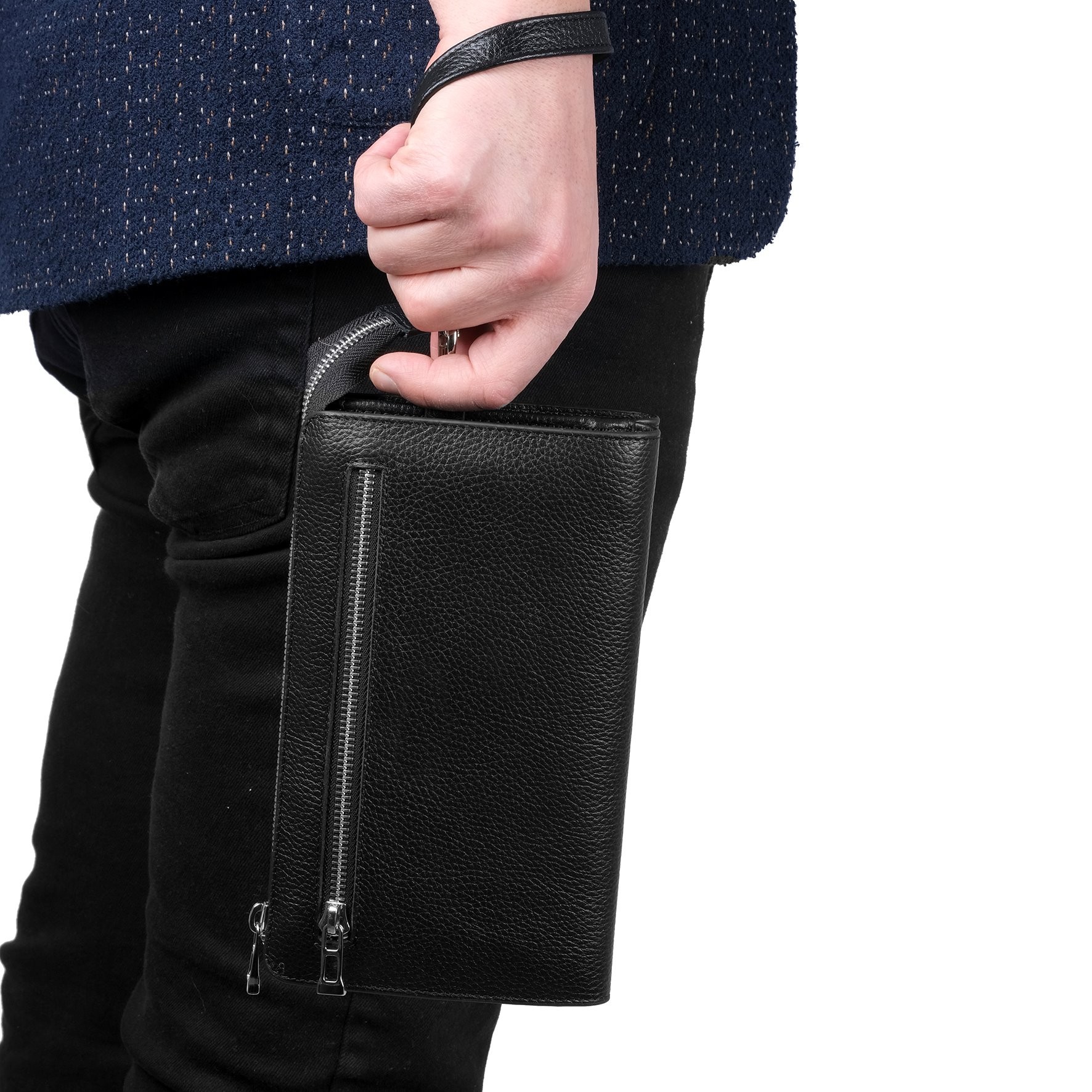 Bagacar Hakiki Deri Telefon Bölmeli Tutma Saplı El Portföy Çantası Siyah