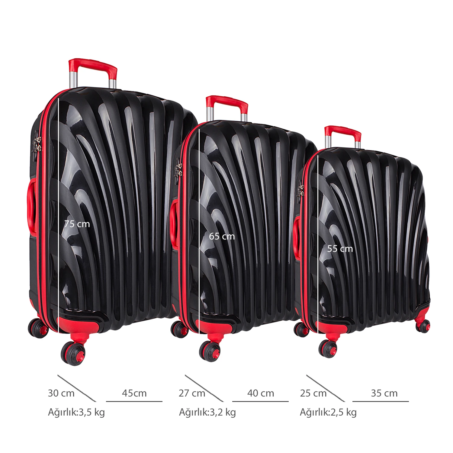 Bagacar Shell Silikon Kırılmaz Valiz Seti Siyah Kırmızı
