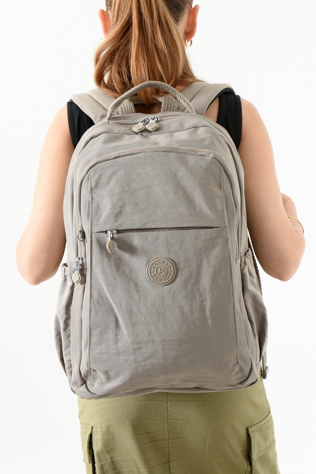 Bagacar Bolsas 1092 Su Geçirmez İthal Krinkıl Kumaş Laptop Bölmeli Okul ve Günlük Sırt Çantası Vizon