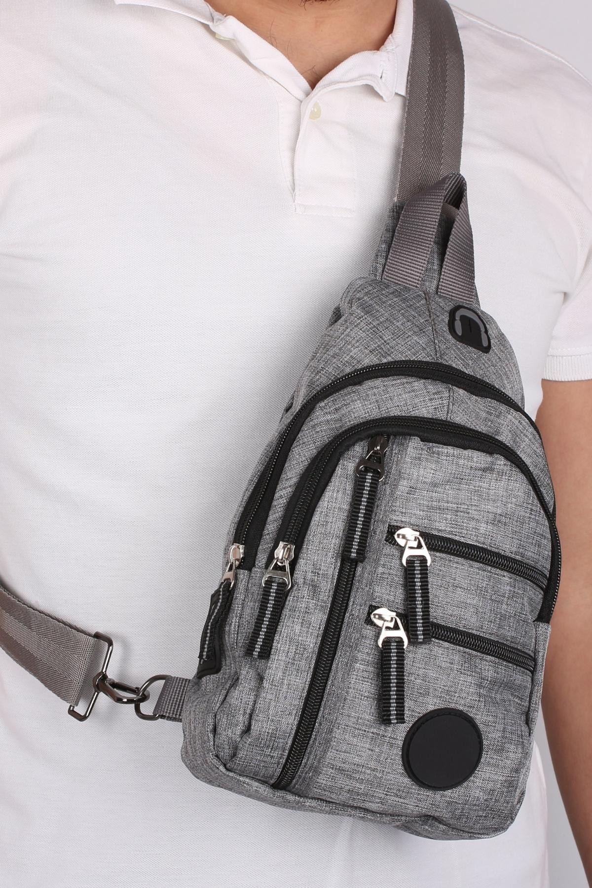 Bagacar NP Çok Gözlü Kulaklıklı Unisex Body Bag Çapraz Gri Çanta