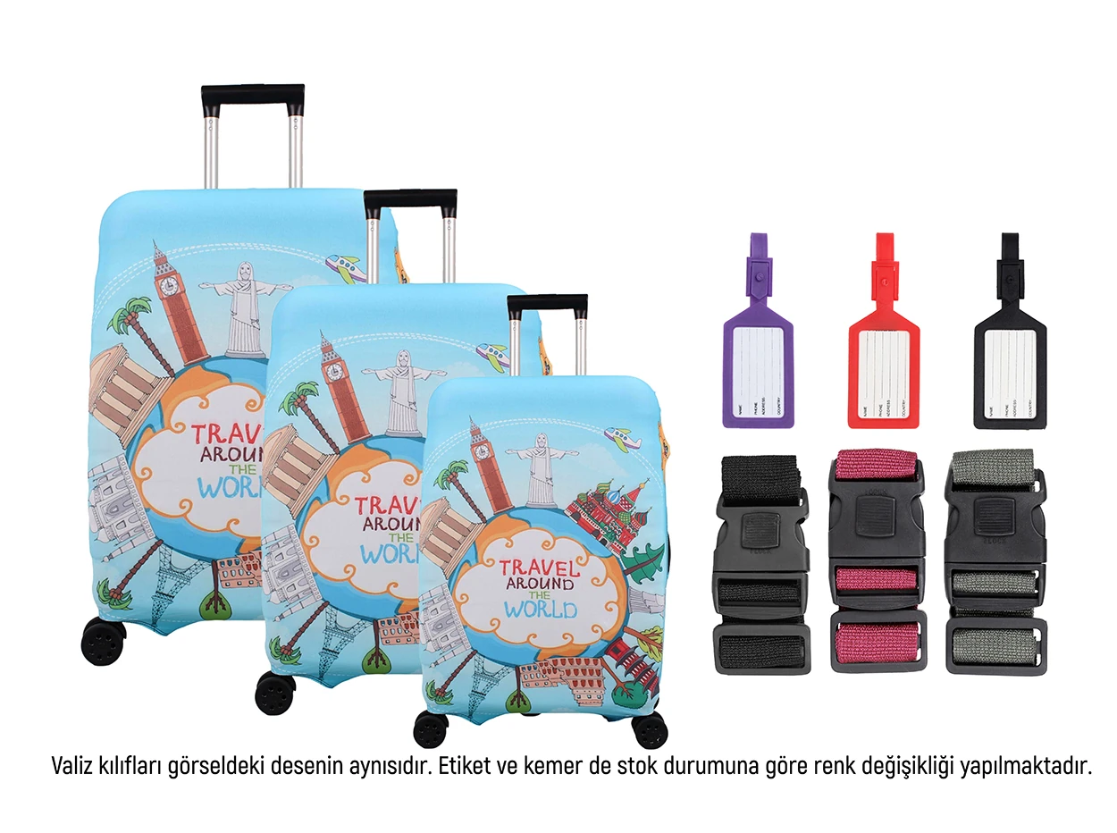 Bagacar Travel 3lü Set Valiz Kılıfı, 3lü Valiz Kemeri, 3lü Valiz Etiketi