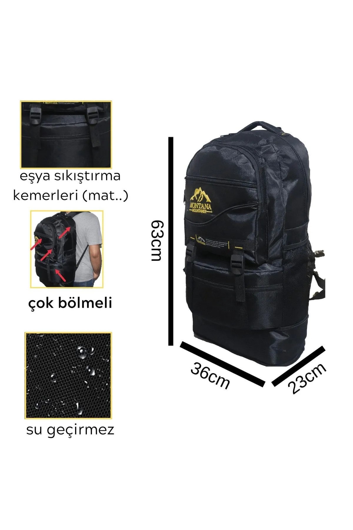Mountainer 55+10 Litre Körüklü Siyah Su Geçirmez Çok Gözlü Seyahat-dağcı-kampçı Sırt Çantası