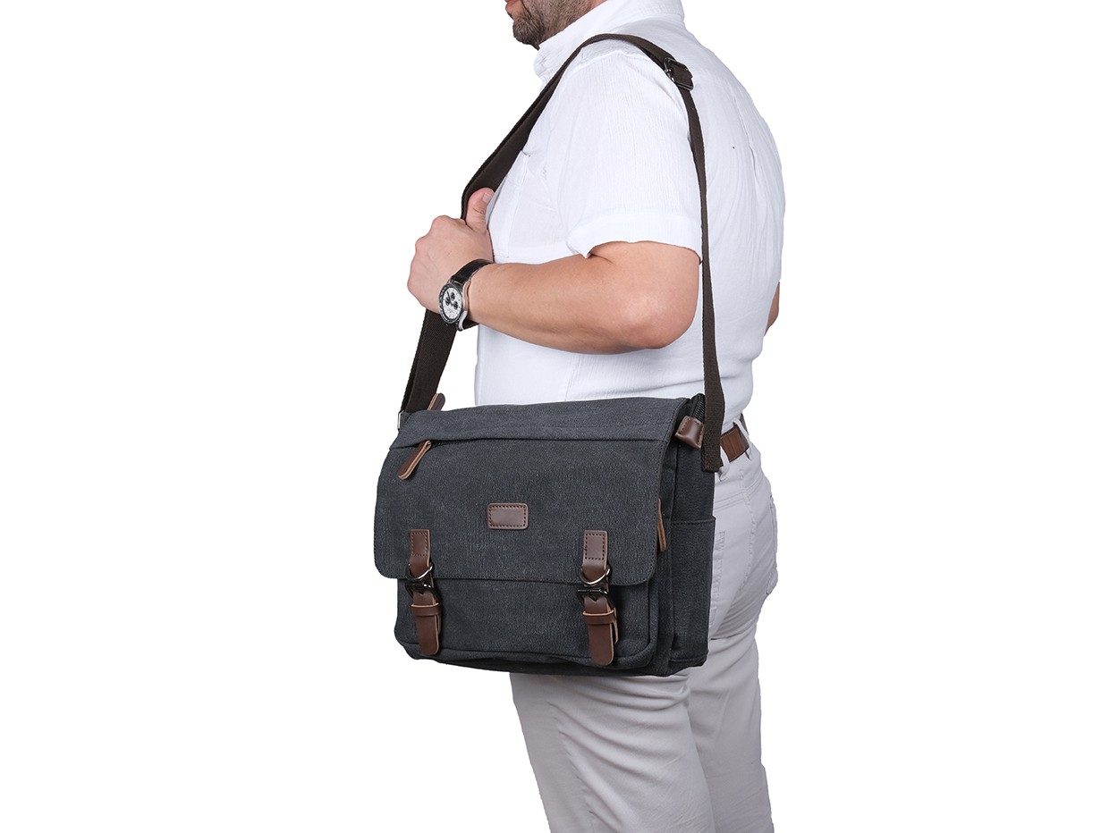 Bagacar Orjinal Kanvas Kumaş Laptop Bölmeli Unisex Çapraz Çanta Siyah
