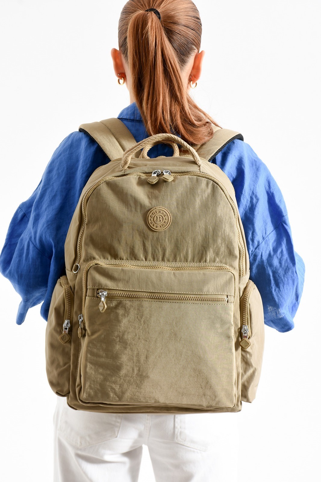 Bagacar Bolsas 1094 Su Geçirmez İthal Krinkıl Kumaş Laptop Bölmeli Okul ve Günlük Sırt Çantası Kum