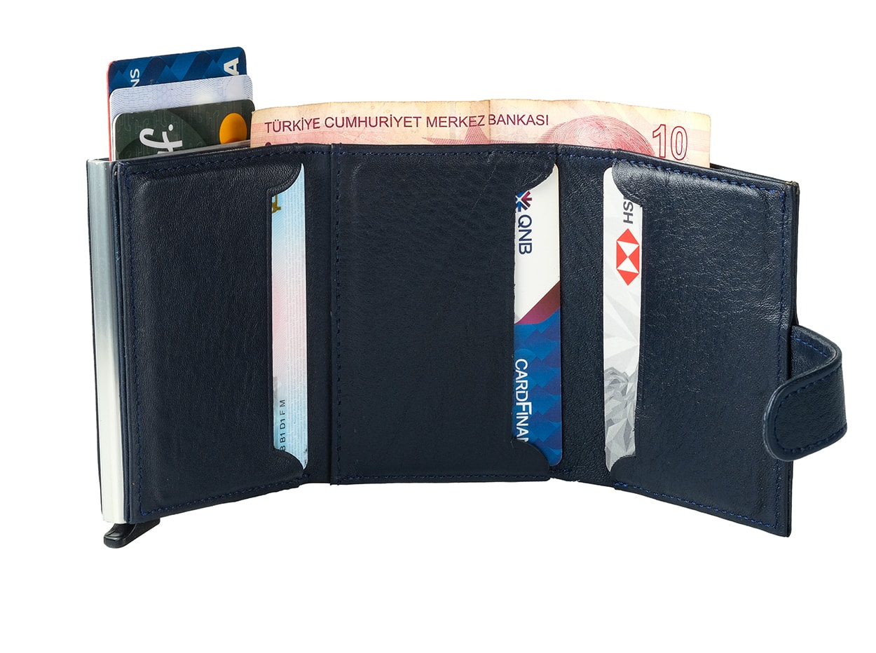 Bagacar DG02 Hakiki Deri Çıtçıtlı Mekanizmalı Cüzdan Kartlık Lacivert