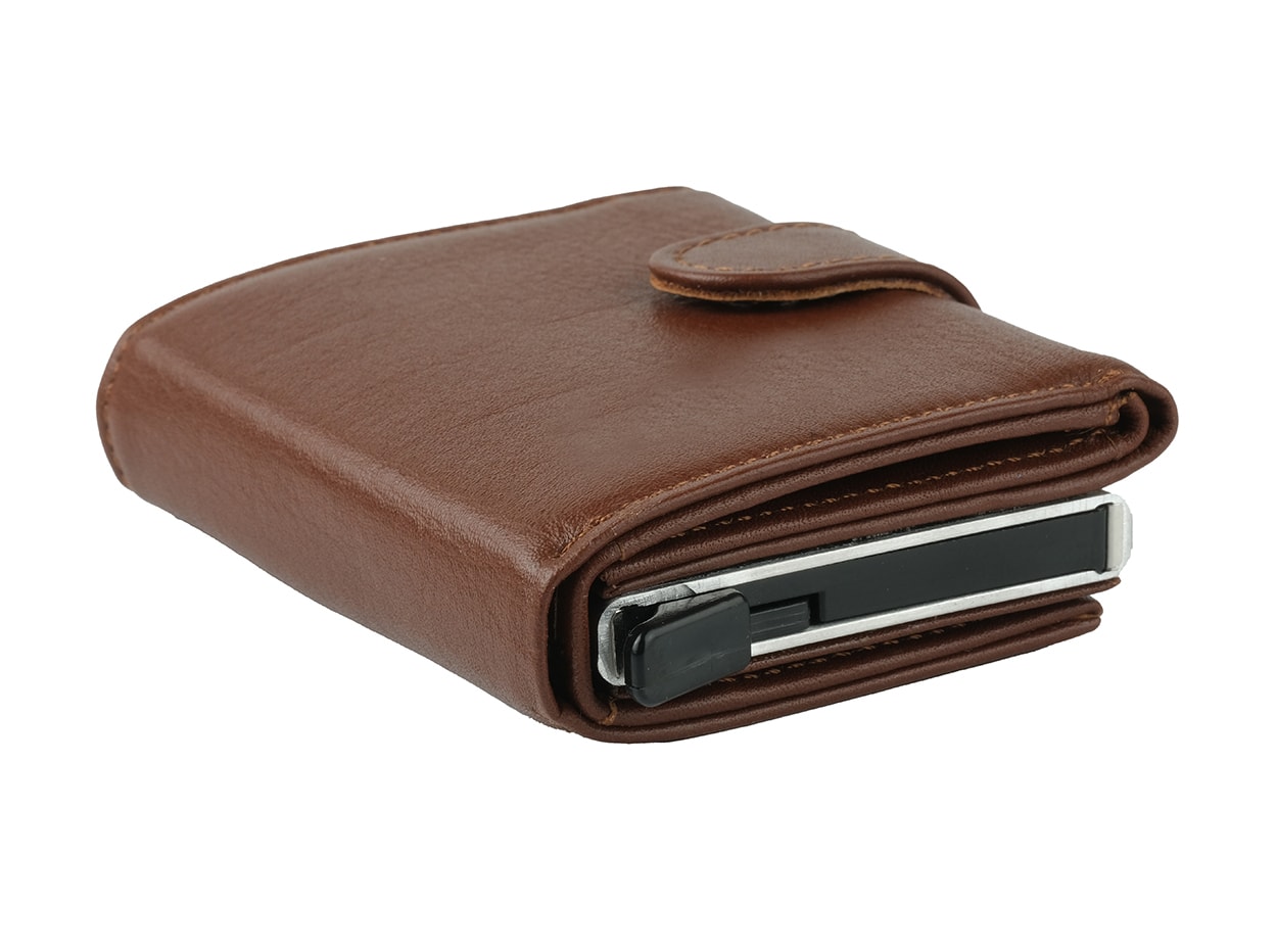 Bagacar DG02 Hakiki Deri Çıtçıtlı Mekanizmalı Cüzdan Kartlık Camel