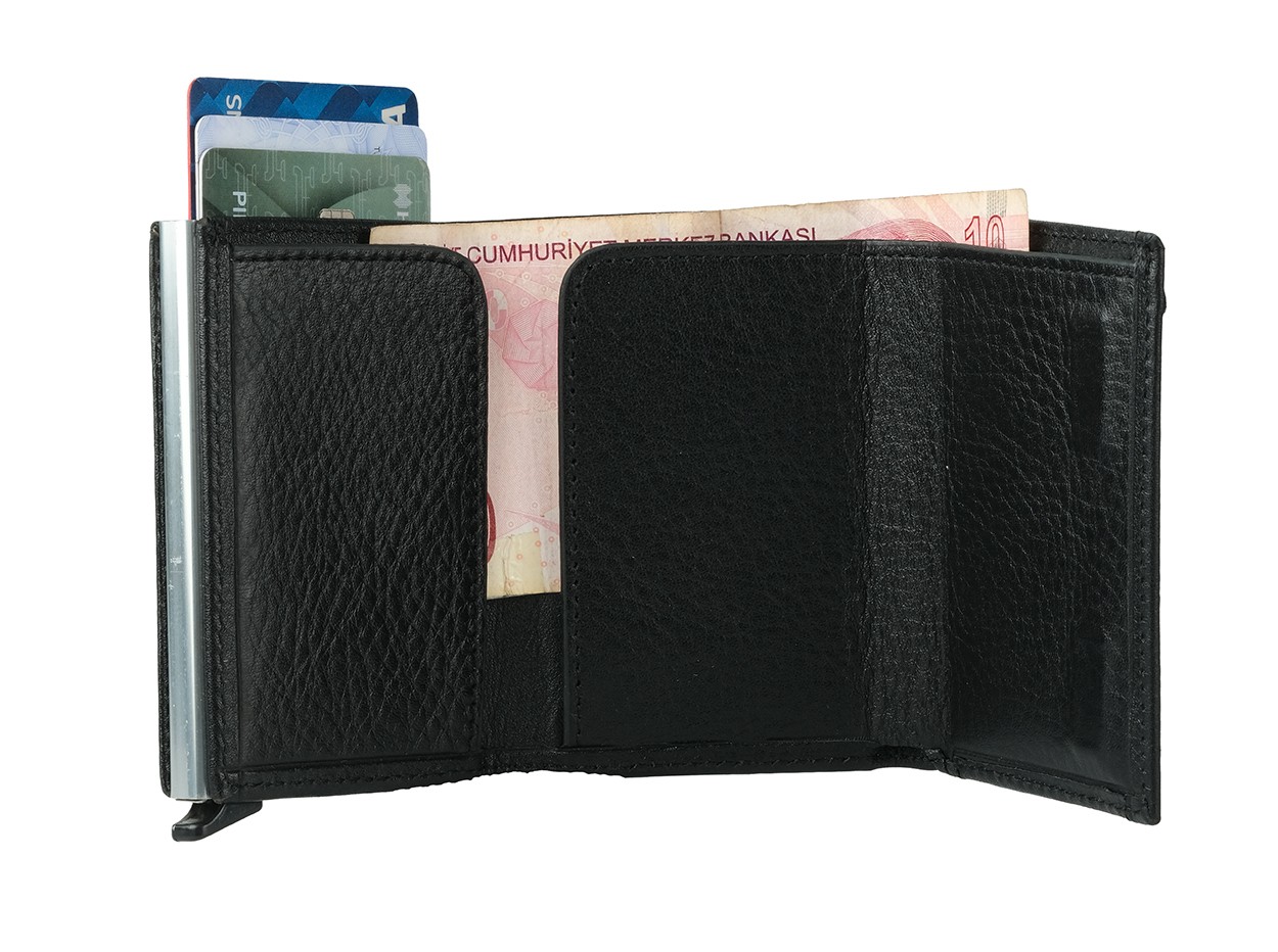 Bagacar Siyah Unisex Hakiki Deri Mekanizmalı Otomatik Kızaklı Kartlık Cüzdan