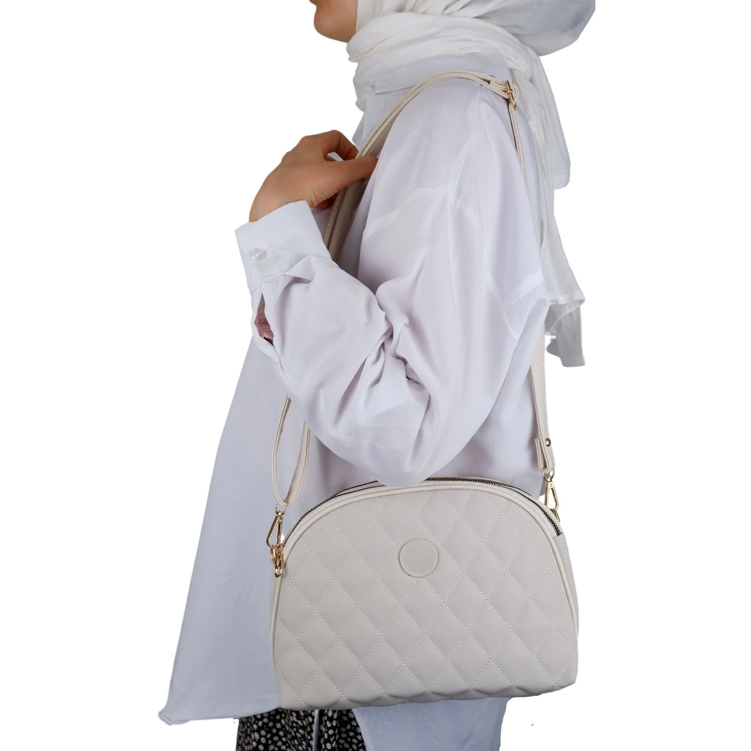 Bagacar Kapitone Şık Bayan Çapraz El ve Omuz Çantası Krem