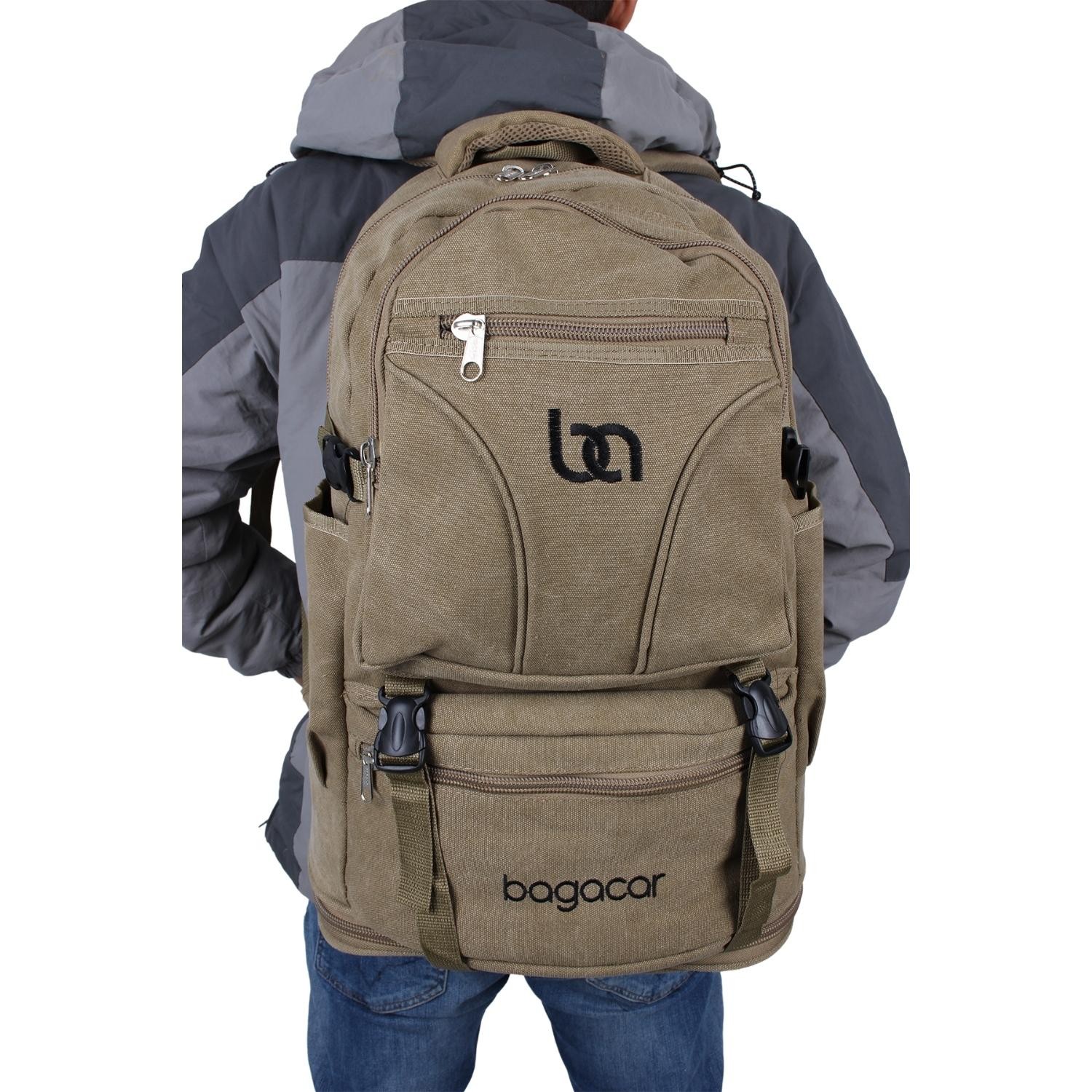 Bagacar 60 LT Bej Kanvas Laptoplu Körüklü Dağcı Sırt Çantası