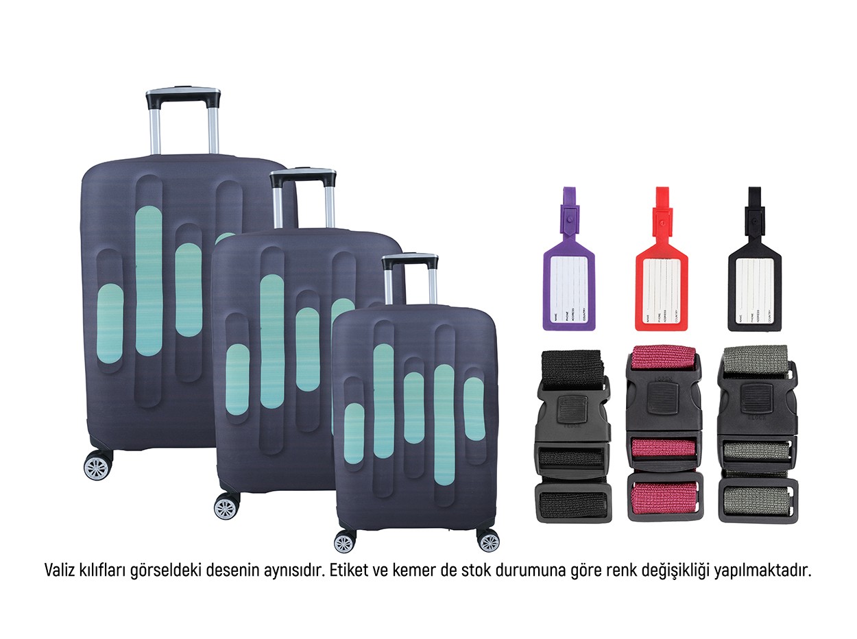 Bagacar Çizgi 3lü Set Valiz Kılıfı, 3 lü Valiz Kemeri, 3lü Valiz Etiketi