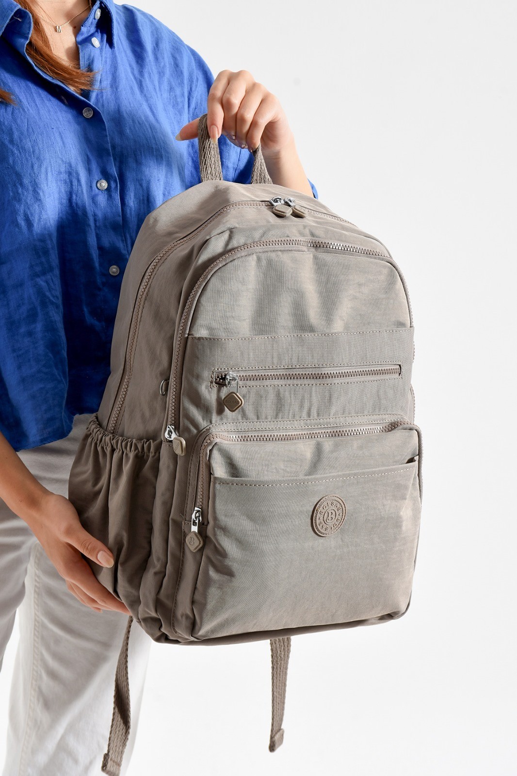 Bagacar Bolsas 1095 Su Geçirmez İthal Krinkıl Kumaş Laptop Bölmeli Okul ve Günlük Sırt Çantası Vizon