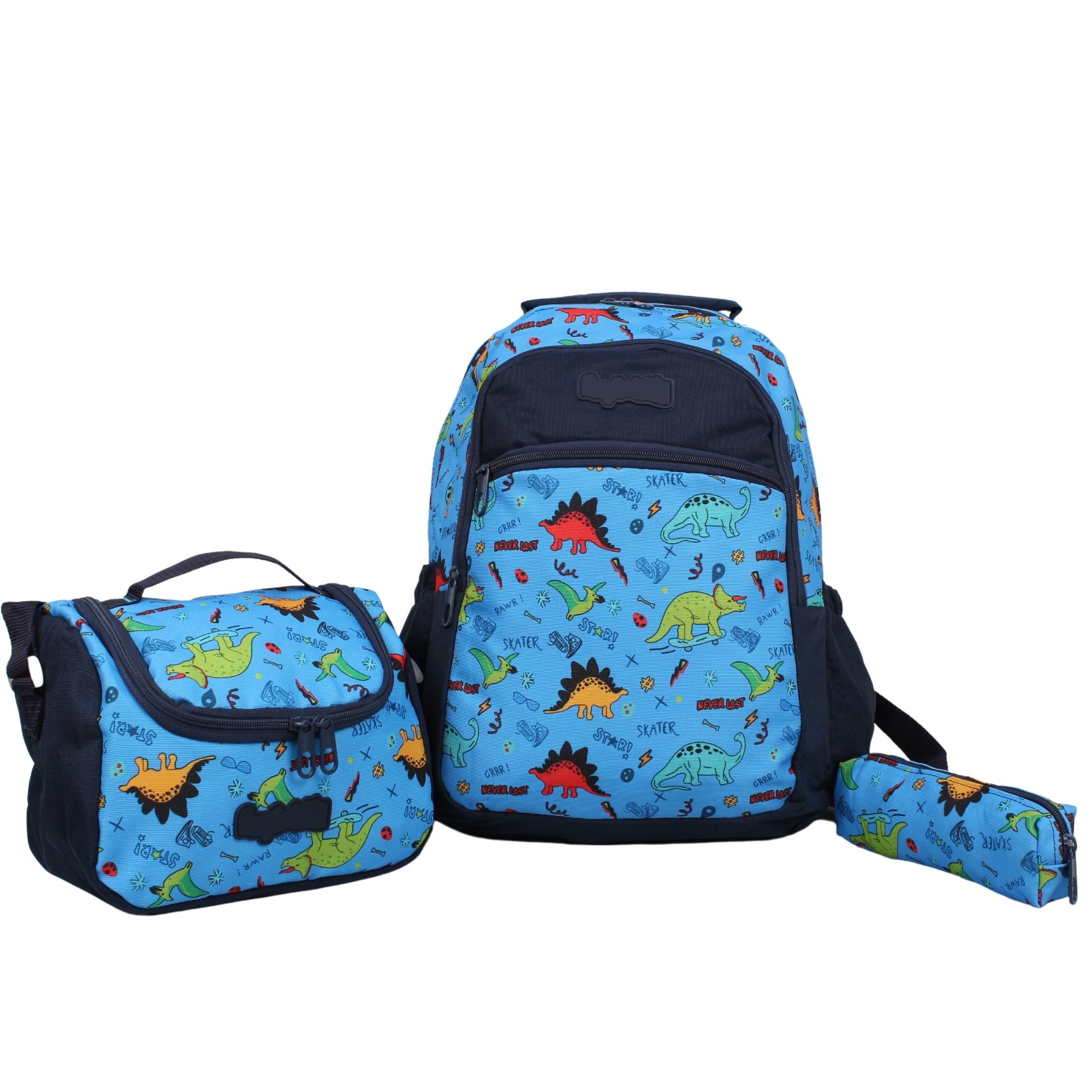 Bagacar Kids Erkek Mavi Dinazor Model Kalemlikli Beslenmeli Set Sırt Çantası