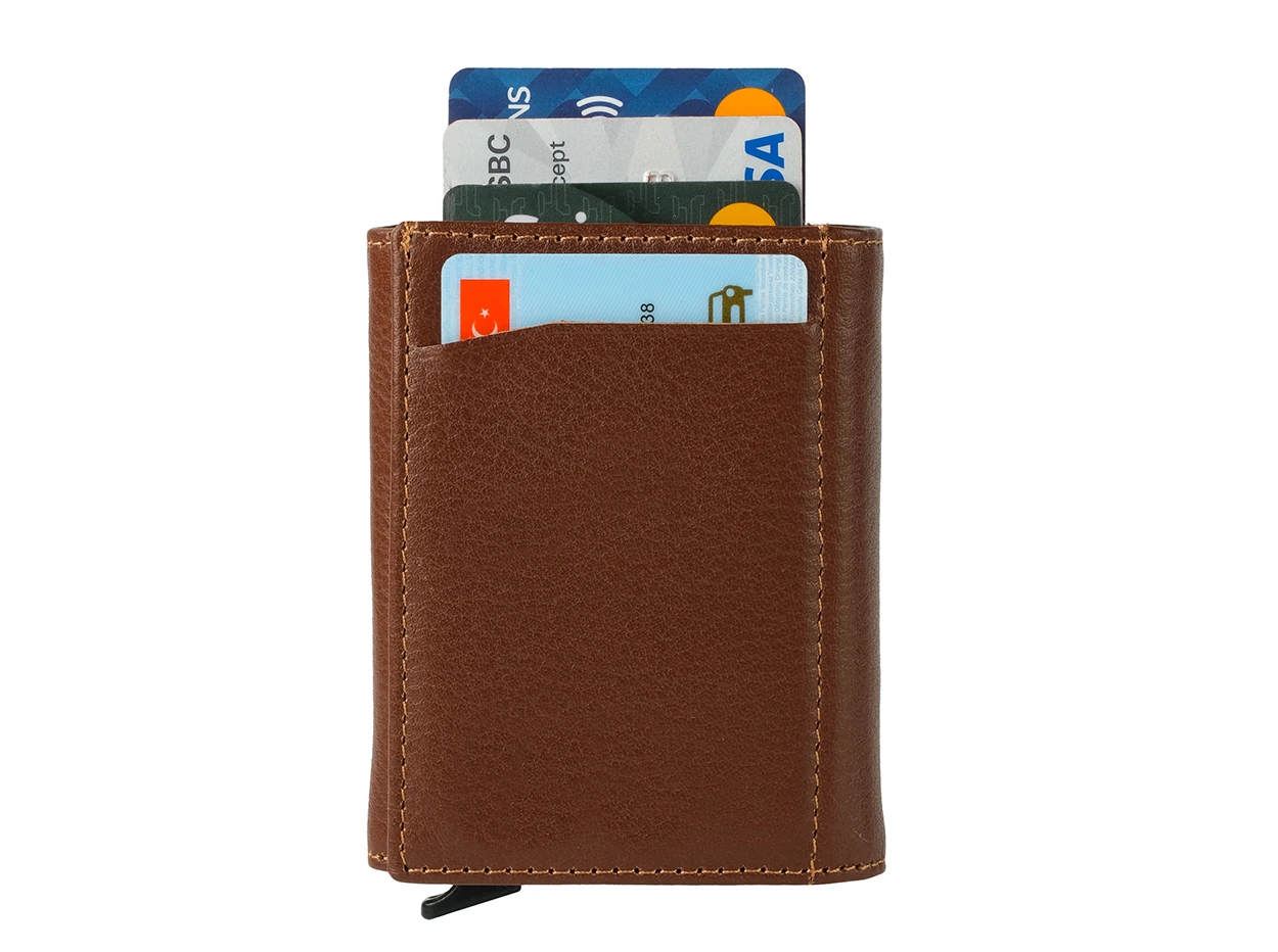 Bagacar Camel Bozuk Para Bölmeli Çıtçıtlı Hakiki Deri Mekanizmalı Kartlık Cüzdan