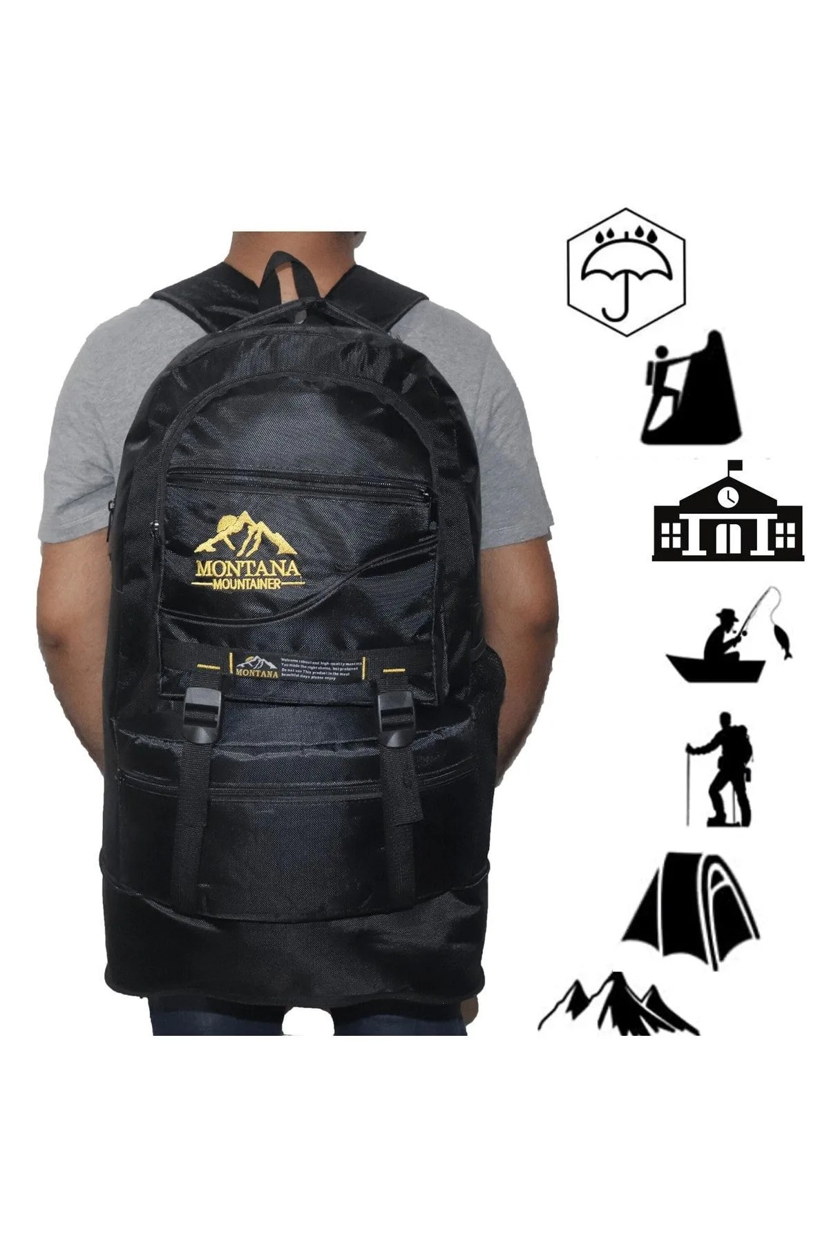 Mountainer 55+10 Litre Körüklü Siyah Su Geçirmez Çok Gözlü Seyahat-dağcı-kampçı Sırt Çantası