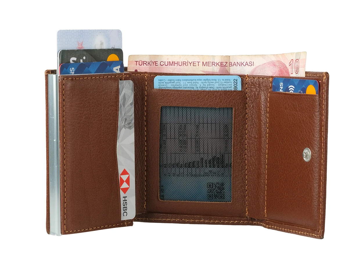Bagacar Camel Bozuk Para Bölmeli Çıtçıtlı Hakiki Deri Mekanizmalı Kartlık Cüzdan