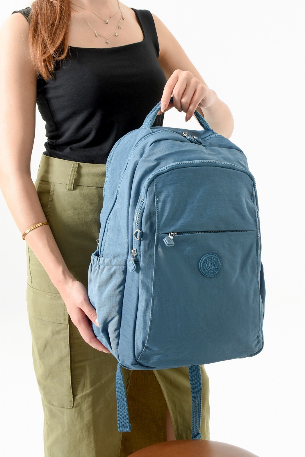 Bagacar Bolsas 1092 Su Geçirmez İthal Krinkıl Kumaş Laptop Bölmeli Okul ve Günlük Sırt Çantası Mavi