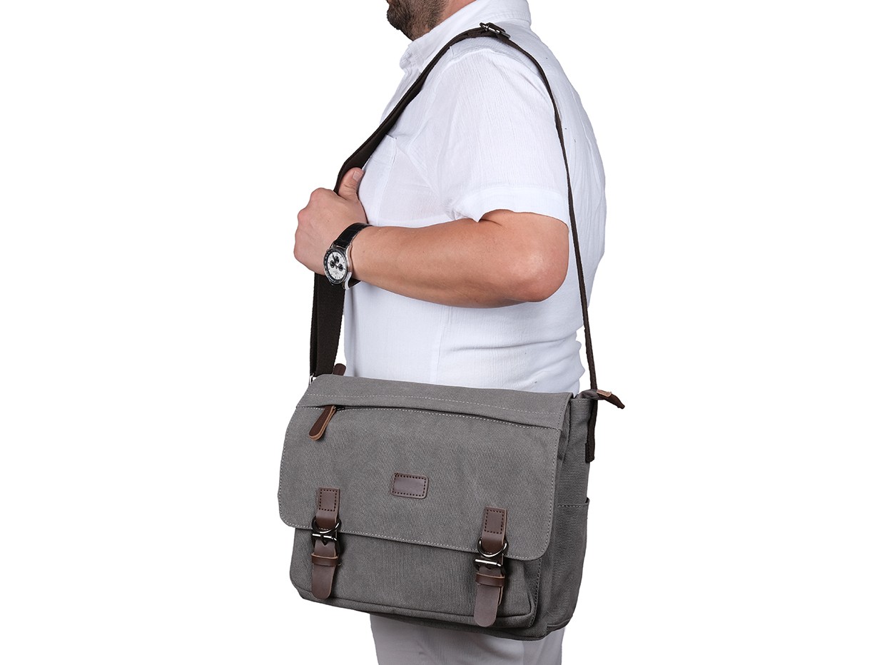 Bagacar Orjinal Kanvas Kumaş Laptop Bölmeli Unisex Çapraz Çanta Gri