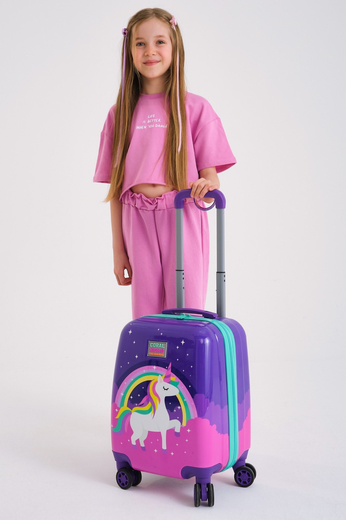 Bagacar Yaygan Kids Mor Su Yeşili Unicorn Desenli Çocuk Valizi 16729