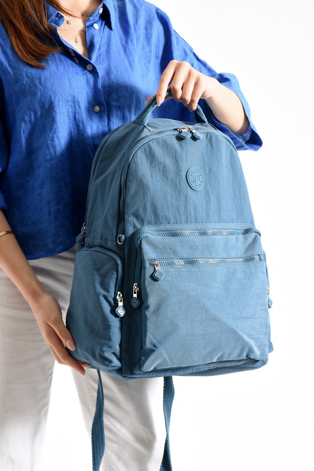 Bagacar Bolsas 1094 Su Geçirmez İthal Krinkıl Kumaş Laptop Bölmeli Okul ve Günlük Sırt Çantası Mavi