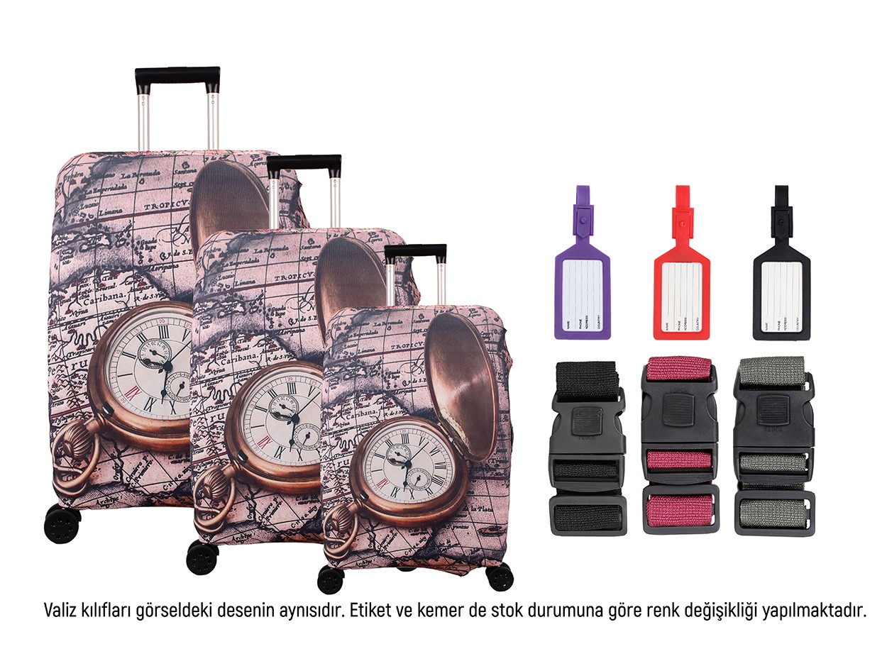 Bagacar Saat 3lü Set Valiz Kılıfı, 3 lü Valiz Kemeri, 3lü Valiz Etiketi
