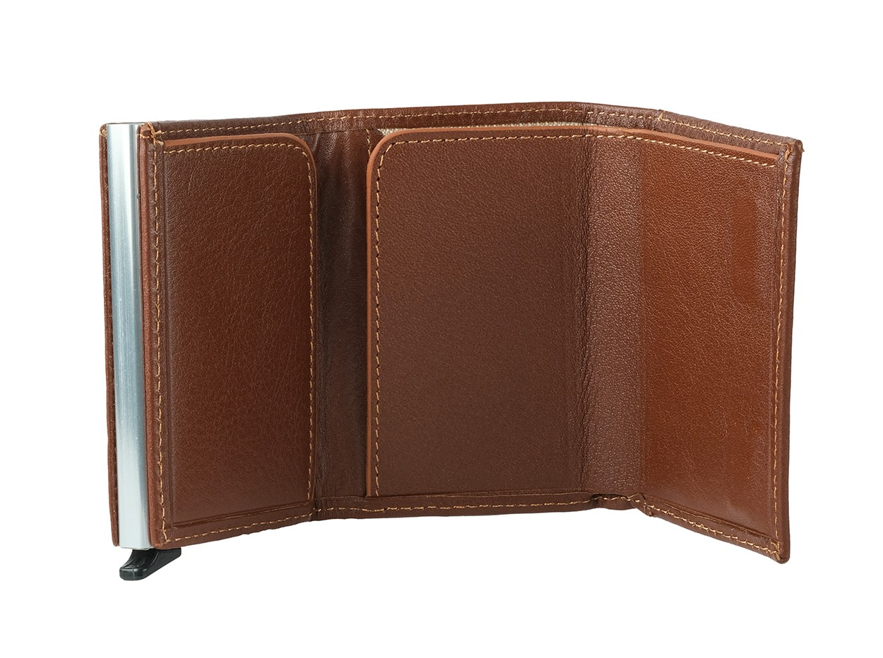 Bagacar Camel Unisex Hakiki Deri Mekanizmalı Otomatik Kızaklı Kartlık Cüzdan