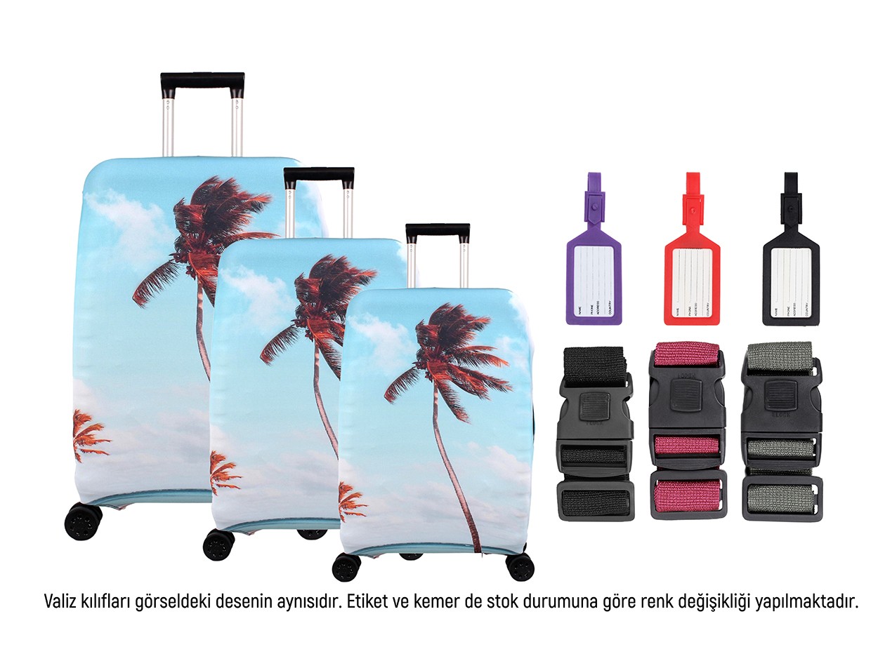 Bagacar Palmiye 3lü Set Valiz Kılıfı, 3 lü Valiz Kemeri, 3lü Valiz Etiketi
