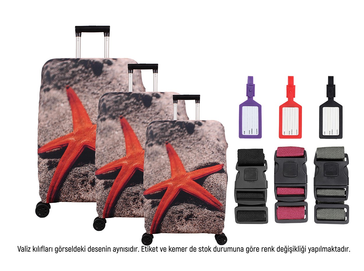 Bagacar Deniz Yıldızı 3lü Set Valiz Kılıfı, 3 lü Valiz Kemeri, 3lü Valiz Etiketi