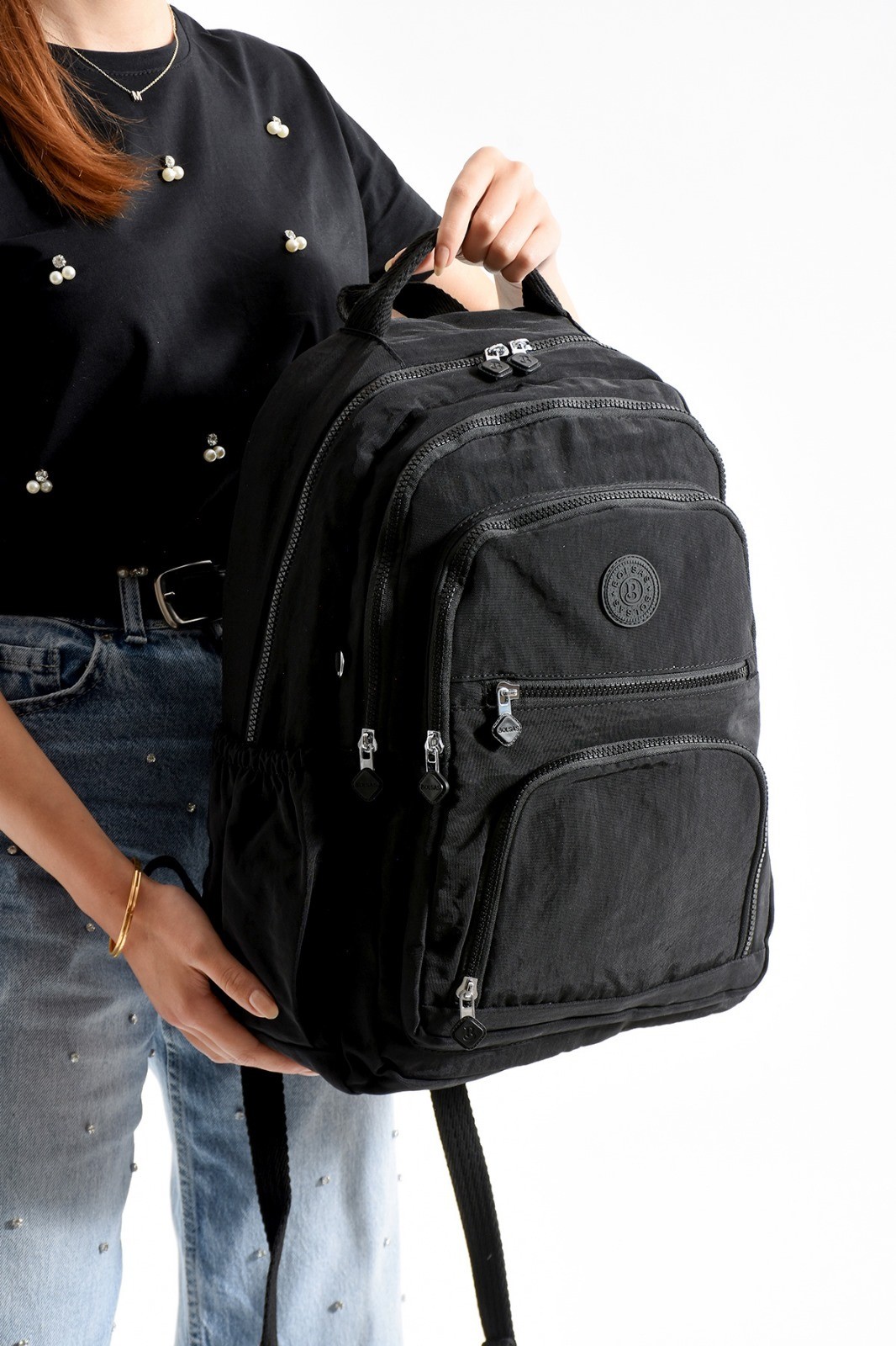 Bagacar Bolsas 1087 Su Geçirmez İthal Krinkıl Kumaş Laptop Bölmeli Okul ve Günlük Sırt Çantası Siyah