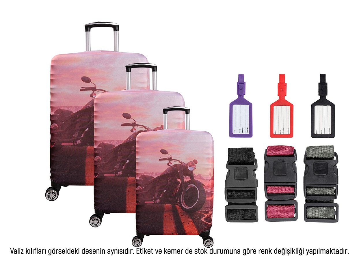 Bagacar Motor 3lü Set Valiz Kılıfı, 3 lü Valiz Kemeri, 3lü Valiz Etiketi