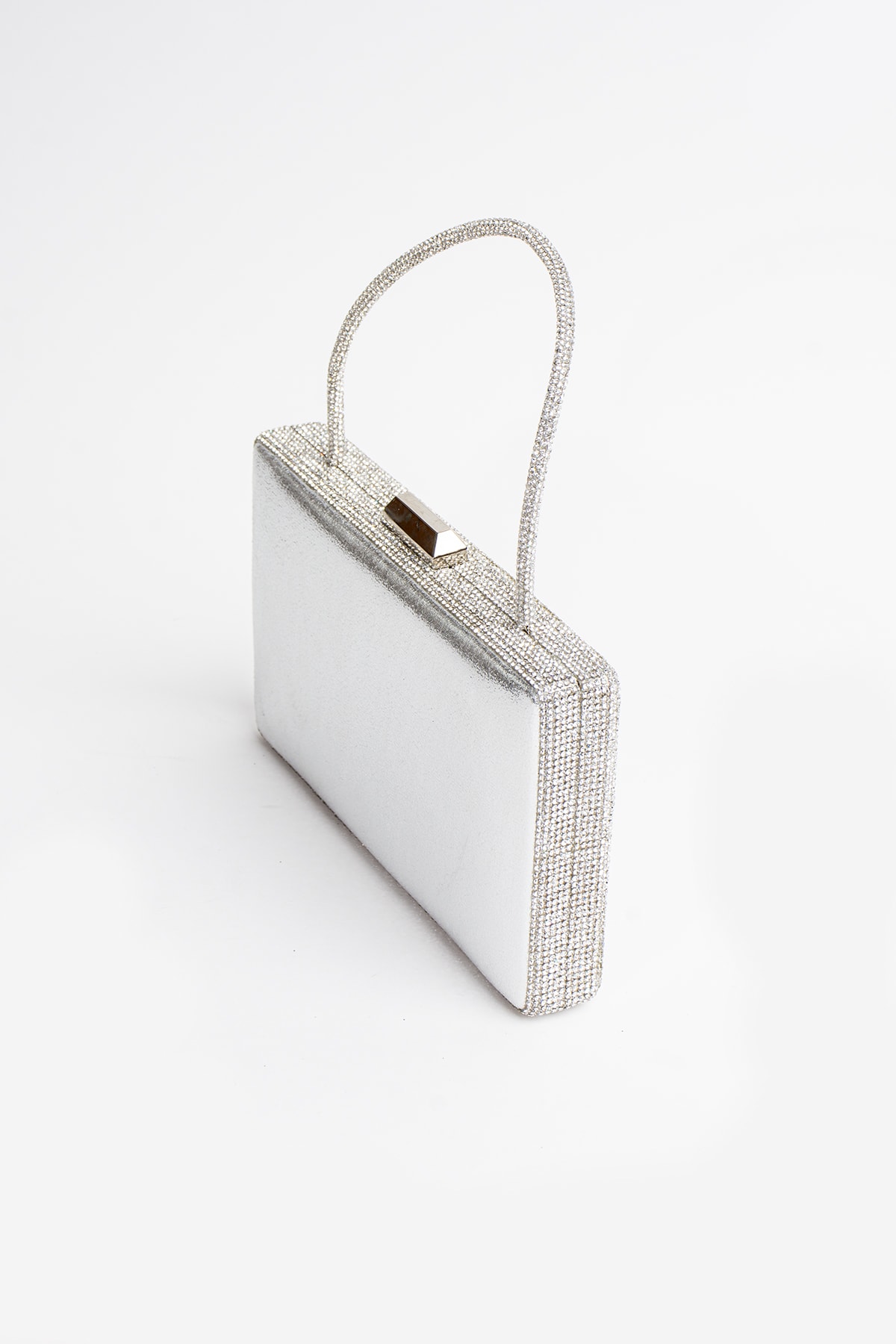 Taş Kaplamalı Dikdörtgen Clutch Abiye Çanta - Gümüş