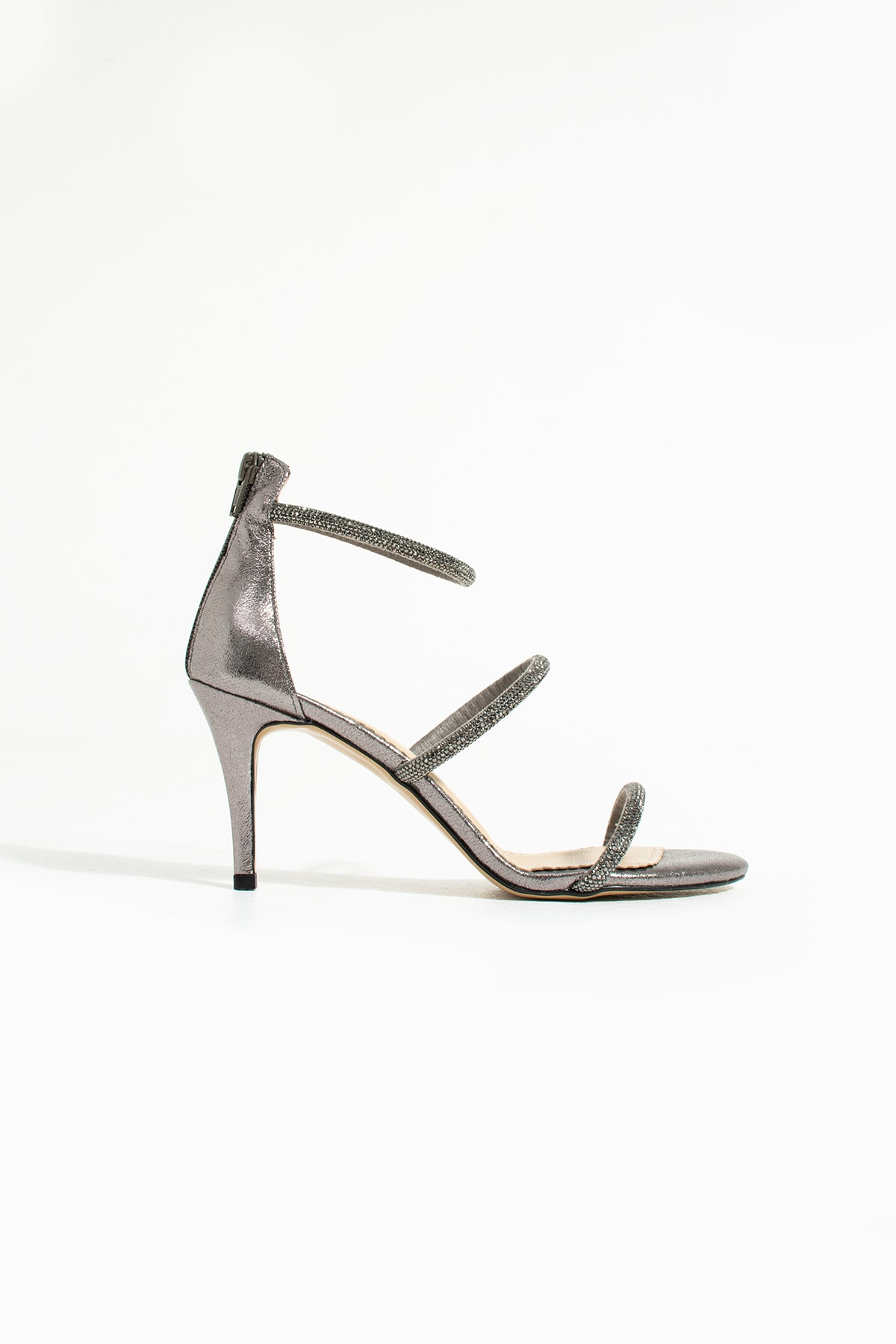 Akik Mini Bantlı Kristal Taşlı Kısa Topuklu Abiye Ayakkabı - -Antrasit