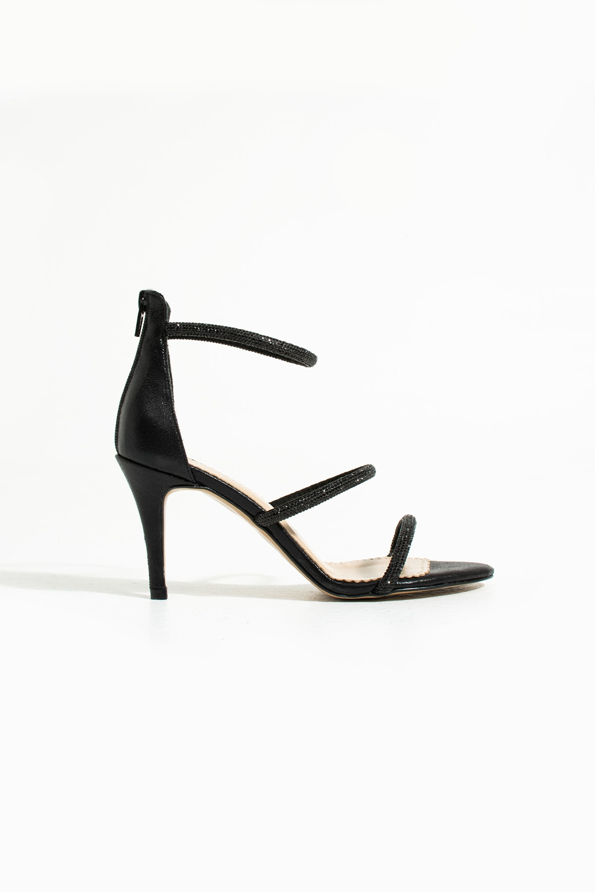 Akik Mini Bantlı Kristal Taşlı Kısa Topuklu Abiye Ayakkabı - -Siyah