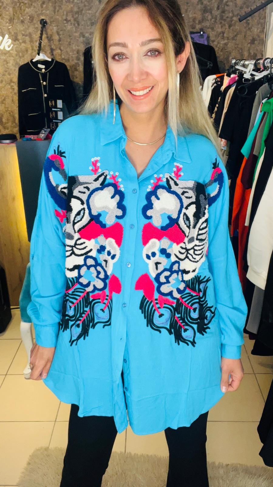 Turkuaz Punch İşlemeli Pamuklu Gömlek